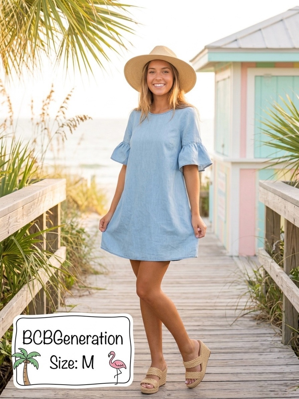 BCBGeneration Chambray Blue Ruffle-Sleeve Midi Dress